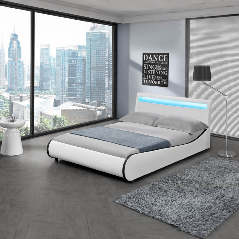 Atropos LED Faux Leather Bed Frame with Mattress Options, White, Double (4'6), 15cm Deep Comfort Foam Mattress
