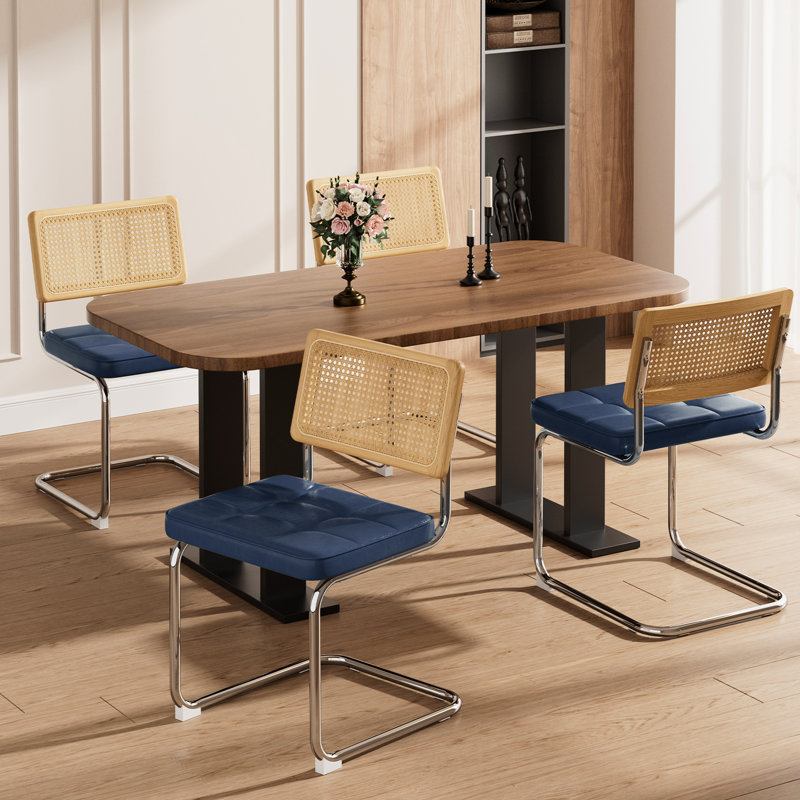 4 chaises de salle à manger modernes bleues, dossier tissé à la main, mousse haute densité, idéal pour le salon en similicuir naturel, cuisine de qualité