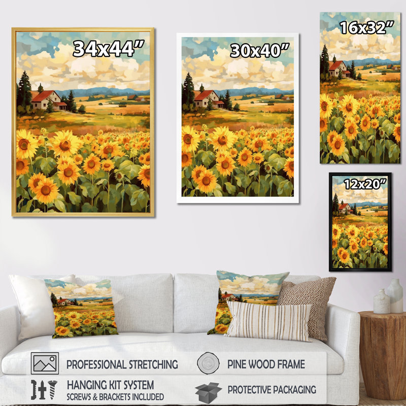 «Golden Cheerful Sunflowers I», reproduction sur toile, H 20 po x l 12 po x P 1 po, Cadre photo blanc