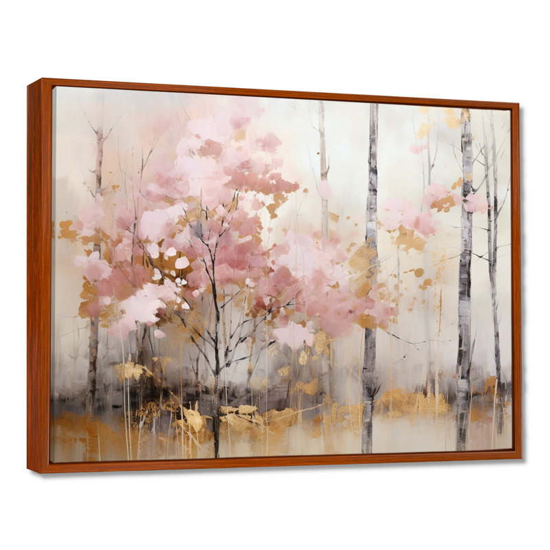 «Minimalisme rose et forêt dorée», reproduction sur toile, H 34 po x l 44 po x P 1,5 po, Cadre flottant brun