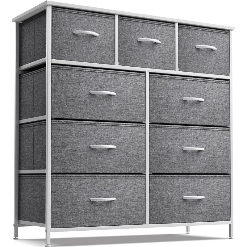 Commode 9 tiroirs Sorbus avec structure en acier et plateau en bois, blanc, Blanc