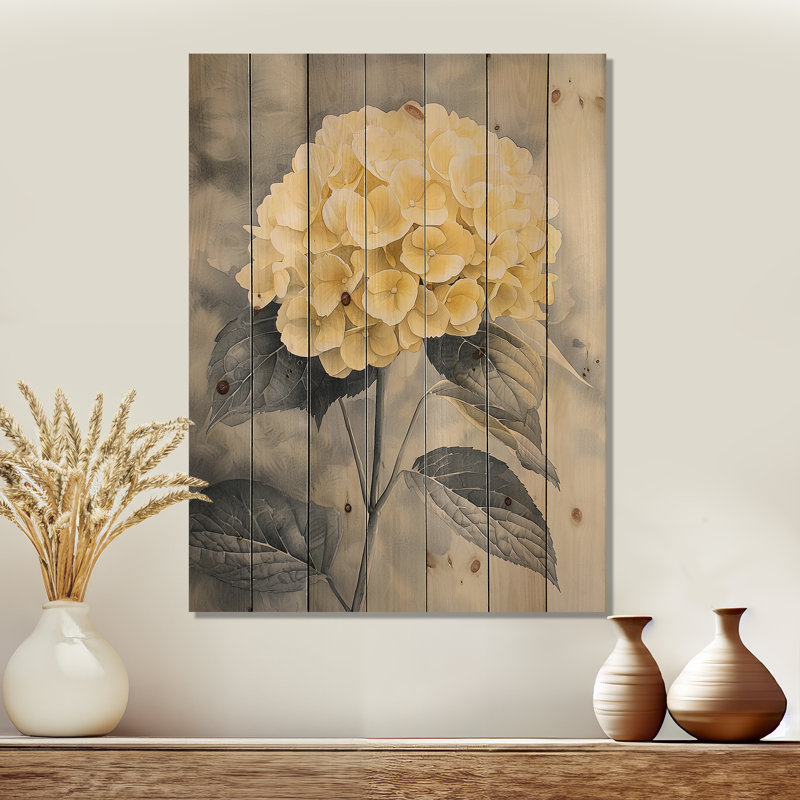 Fleurs d'hortensia jaune doux II - art mural bois d'hortensia - sur bois de pin naturel, H 32 po x l 24 po x P 0,78 po