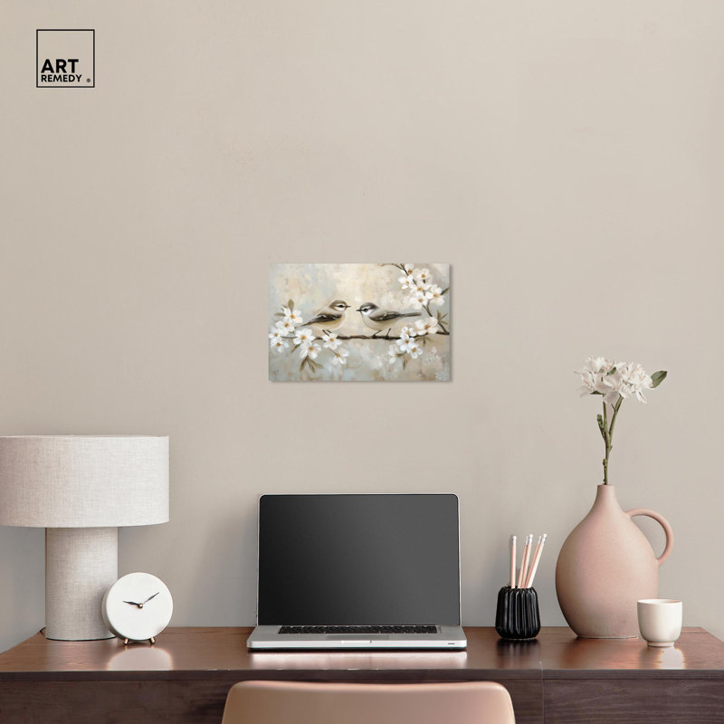 Delicate Birds Beige and White Wrapped Canvas Art