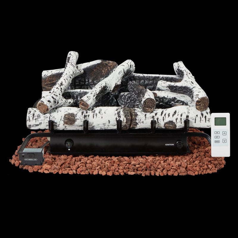 27-Inch Ventless Fireplace Logs Set for LP/Propane – Remote Control, 34,000 BTU, Made with Birch Wood, White, 1200