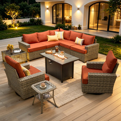 Ensemble de conversation modulaire d'extérieur en osier 7 personnes avec chaises pivotantes et coussins, ensemble de conversation pour patio avec foyer