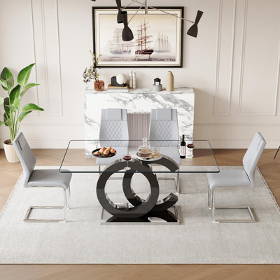 Ensemble de table de salle à manger 63 po en verre, ensemble de table et chaises de cuisine moderne avec plateau en verre trempé, base en panneau de fibres à densité moyenne et plateau en acier inoxydable