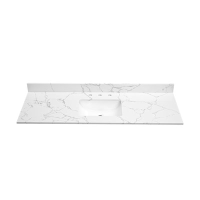61 po x 22 po. Comptoir de salle de bain en pierre blanc avec éclairage encastré en céramique et 3 trous de robinet avec dosseret