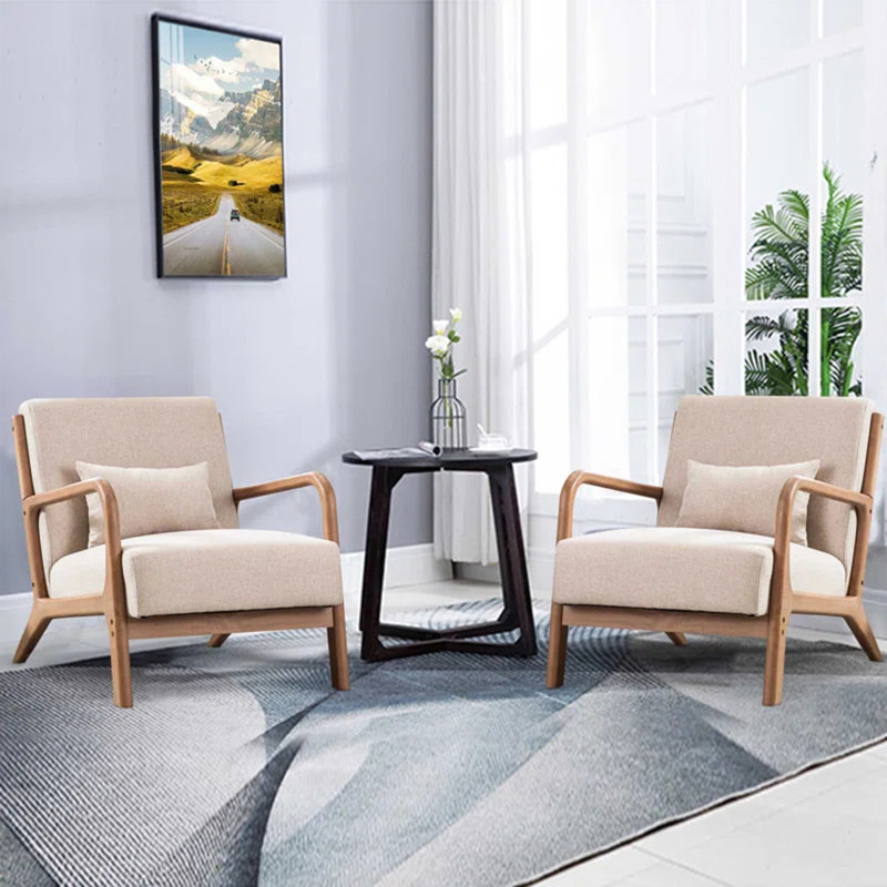 66 cm Wide Modern Minimalist Upholstered Solid Wood Accent Armchair with A Supportive Backrest (Set of 2), Beige Linen