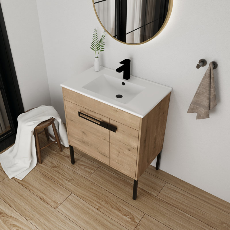 30 Inch Free-Standing Single Bathroom Vanity With Ceramic Vanity Top, Brun clair