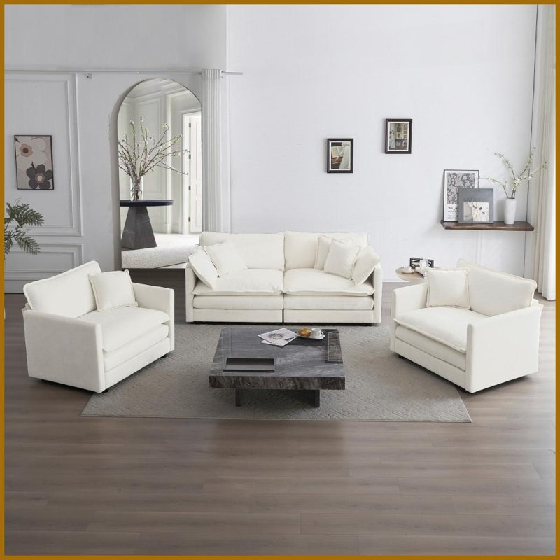 Ensemble de canapé en chenille 3 pièces: 2 chaises d'appoint + canapé 2 places avec coussins pour le salon, peu encombrant Confortable