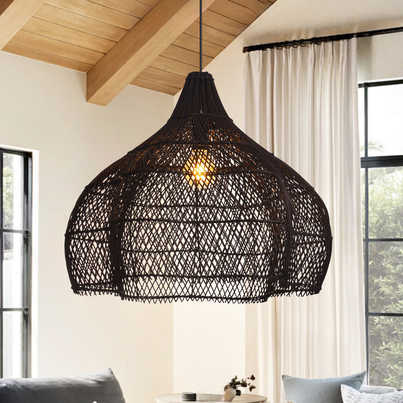 Luminaire suspendu moderne en rotin noir tissé, 19.69" H X 23.62" W X 23.62" D