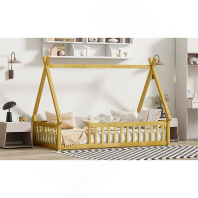 Tent-Shaped Floor Bed,Teepee Bed With Guardrails,Slats
