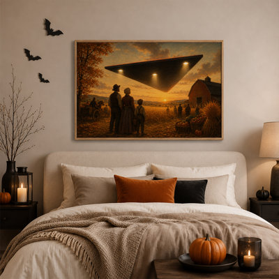 Les agriculteurs observent un OVNI triangulaire au-dessus d'une grange à l'occasion de l'Halloween (tableau sur toile)
