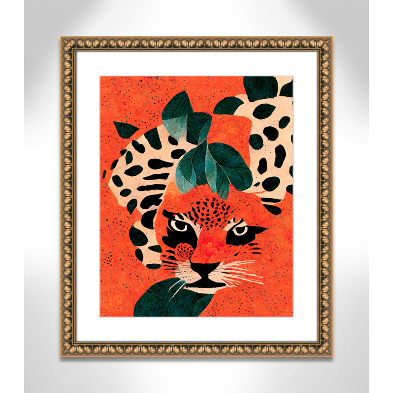 «Jaguar’s Gaze I» par Treechild, L 22,5 po x H 26,5 po, Imprimé mat, Perles de feuilles dorées