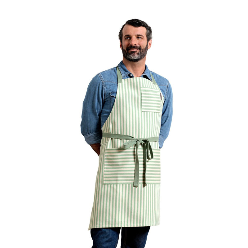Bib Apron with Pockets, Striped Sage Green