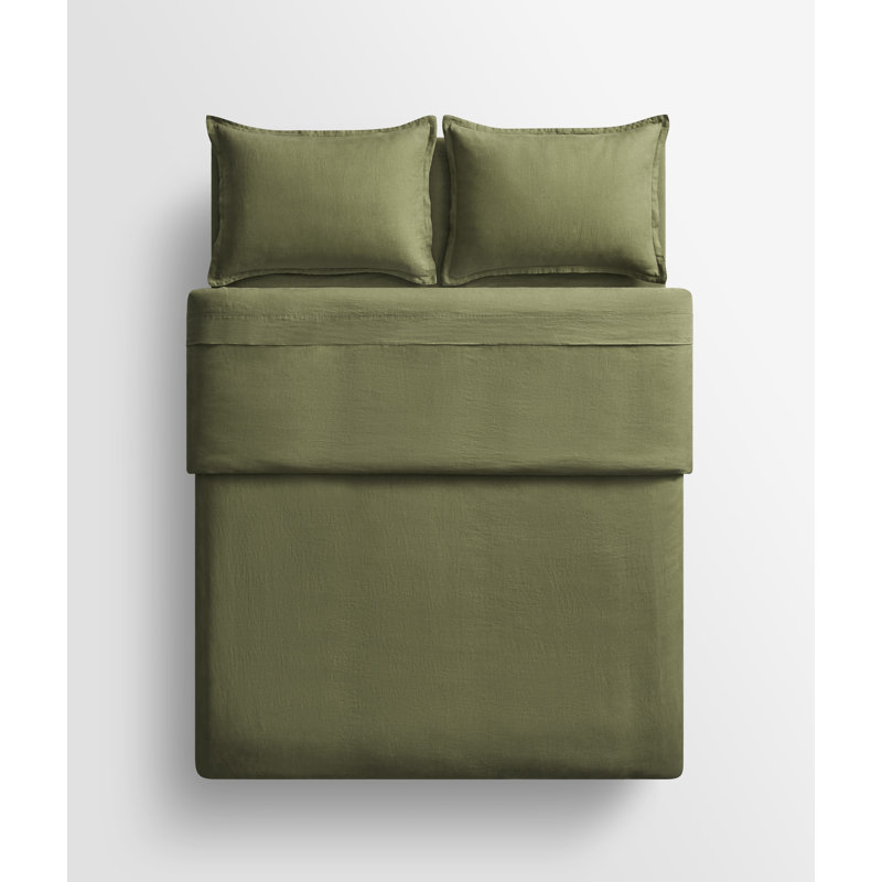 Stone Washed Duvet Cover, Queen Duvet Cover + 2 Queen Shams, Loden Green