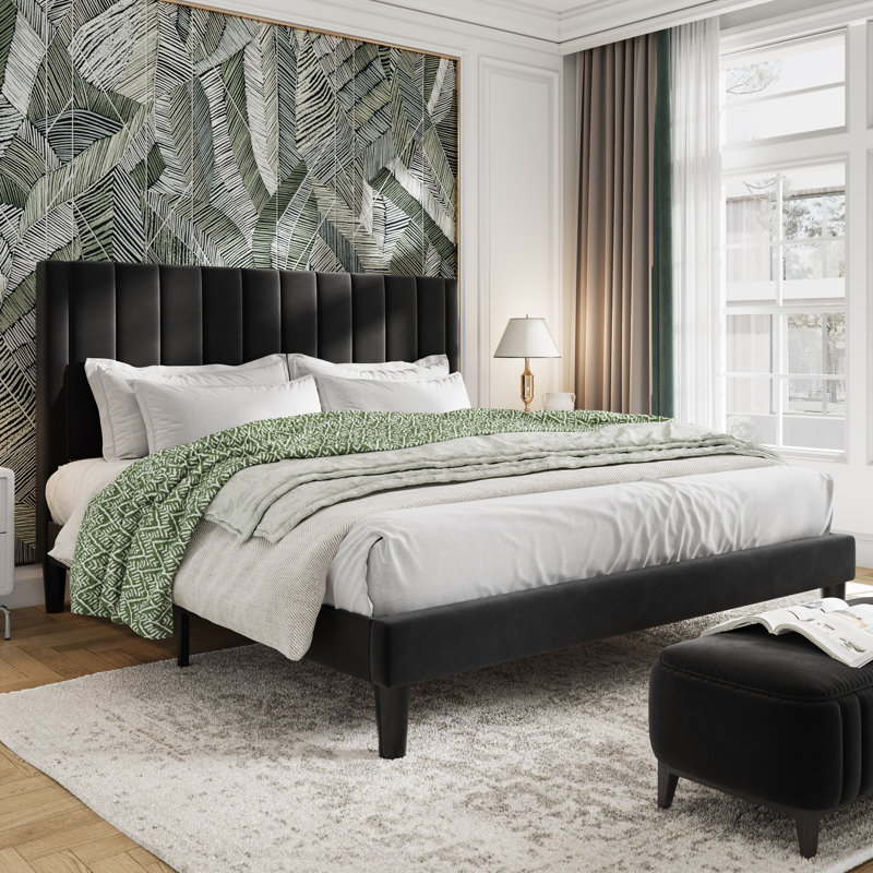 Lit plateforme tapissier en velours avec tête de lit Modern, Très grand, Noir