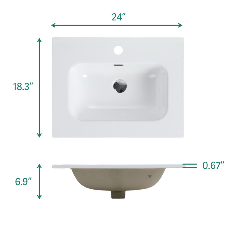 Lavabo intégré en céramique blanche avec un trou de robinet pré-percé, ensemble de drain NON inclus, Robinets à monotrou