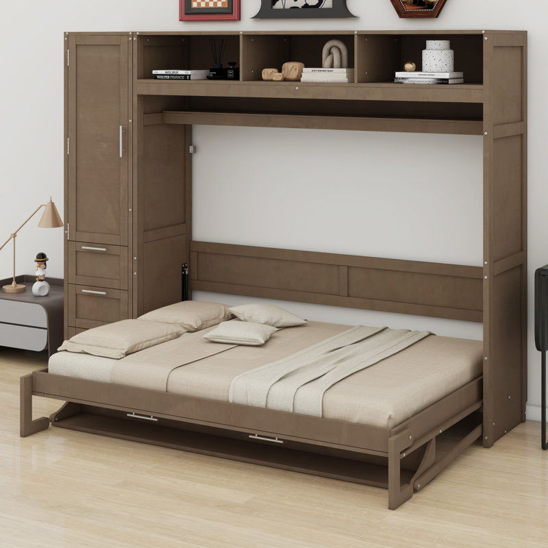 Lit escamotable avec garde-robe, tiroirs et tablettes ouvertes Murphy
