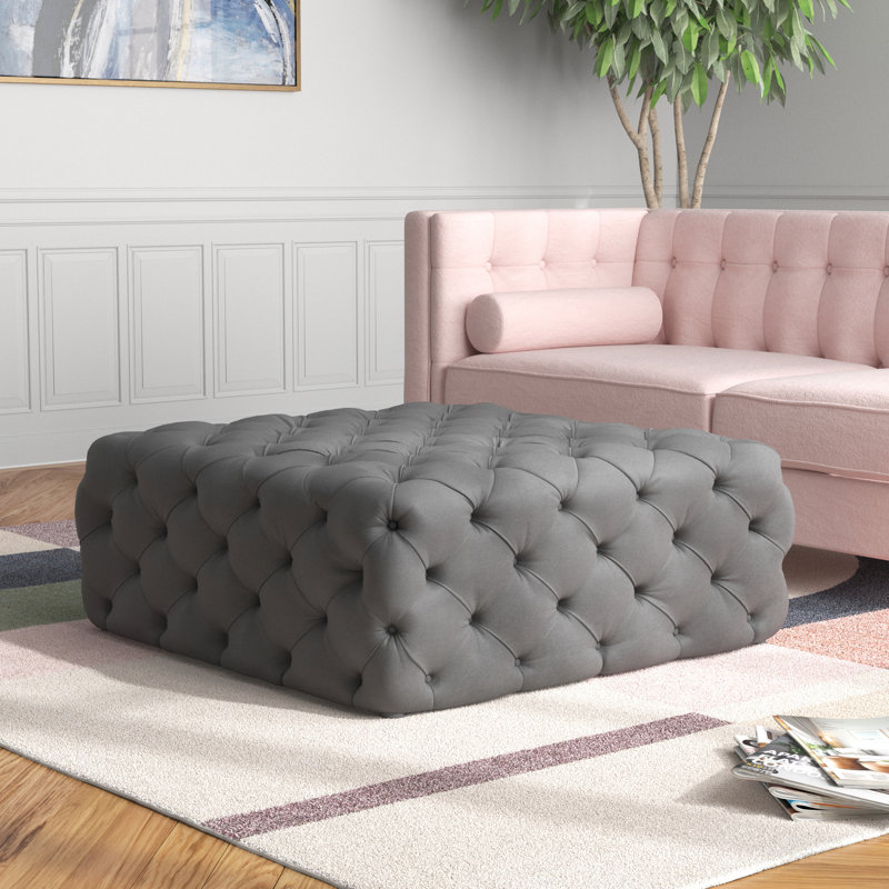 Ackerman 100cm Wide Velvet Tufted Square Solid Colour Cocktail Ottoman, Grey