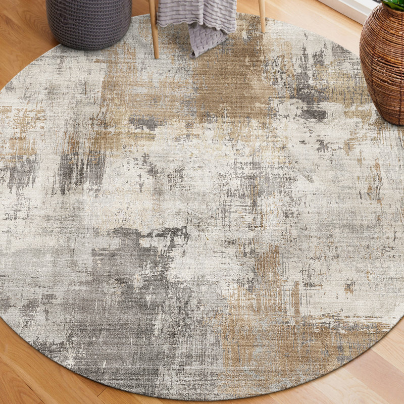 Mackeroy Quinn Abstract Beige Gray Ivory Machine Washable Area Rugs, Round 6'