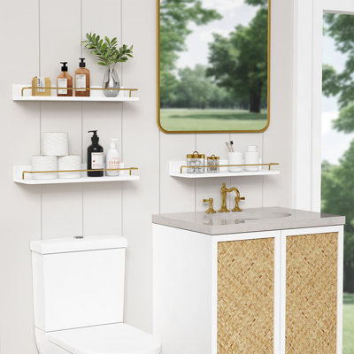 Ensemble de 3 tablettes flottantes dorées pour décoration murale, étagères de salle de bain au-dessus de la toilette, étagère murale moderne avec garde-corps - blanc et or