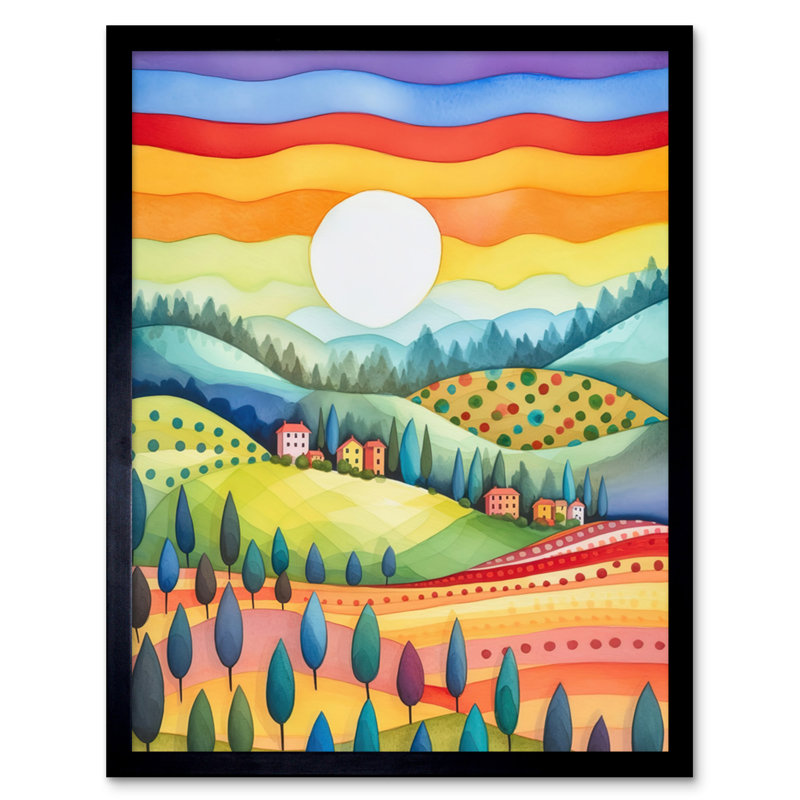 Tuscan Rolling Hills At Sunrise Abstract Folk Art Artwork Framed Wall Art Print 9X7 Inch
