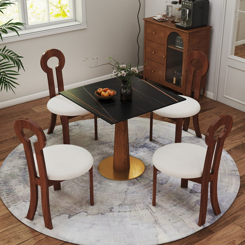 Ensemble 5 pièces de table de salle à manger carrée moderne en verre avec 4 chaises en tissu Boucle, Noir