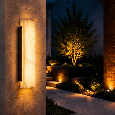 Modern LED Outdoor Wall Light, Waterproof Exterior Sconce with Marble-Look Shade and Black Aluminum Frame