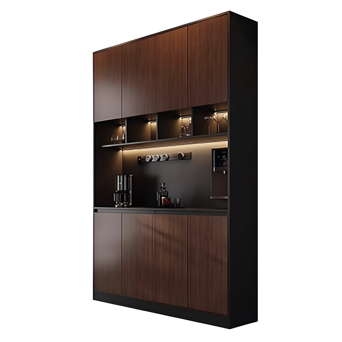 Modern Luxury Walnut-Toned Sideboard With Glass-Front Wine Cabinet, Equipped With Track Socket System And LED Ambient Lighting