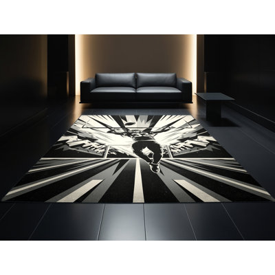 Machine Washable Takengon American Football Touchdown Scene Bold & Eclectic Modern Geometric Rug in Green – Black Binding