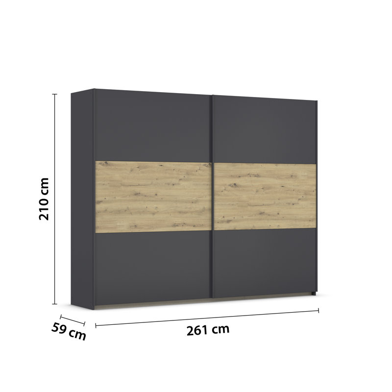 Neo 2 Door Manufactured Wood Wardrobe, Grey metallic/Oak artisan, 210cm H x 261cm W x 59cm D, Premium