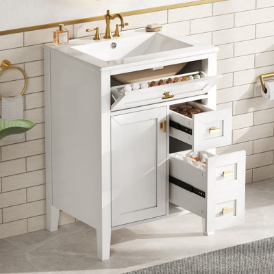Meuble-lavabo de 24 po avec lavabo, panneau de fibres à densité moyenne et bois d'hévéa, 3 tiroirs et armoire avec support de rangement à 2 niveaux, porte à fermeture en douceur et tiroirs