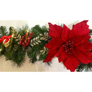 Pre-Lit Red and Champagne / Gold Poinsettia Christmas Garland