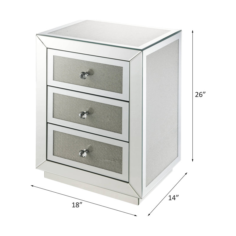 Magnifique table d'appoint miroir ornée de faux diamants - Meuble de rangement à 3 tiroirs, finition argentée brillante, bois synthétique et métal, solution d'appoint rectangulaire instantanément glamour et charmante
