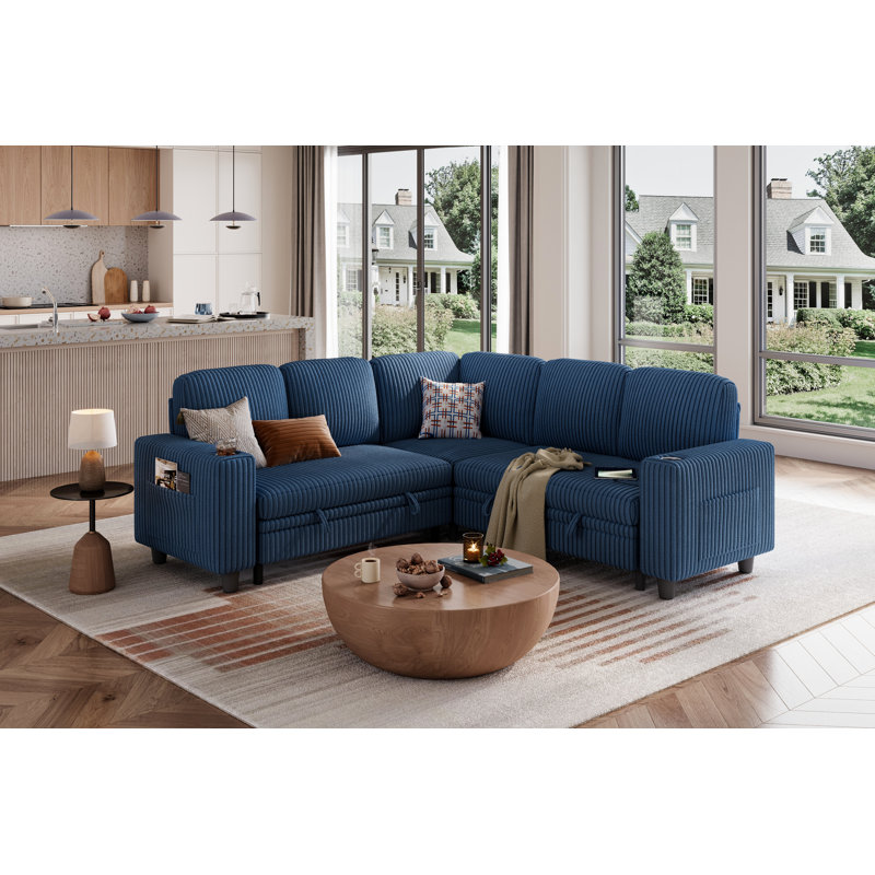 Canapé modulaire rembourré 81 po avec porte USB et porte-gobelets Sherry, Velours côtelé bleu marine Soren