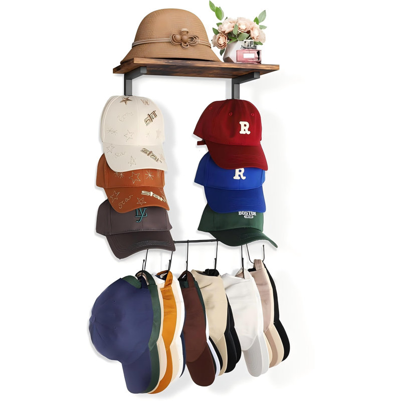 Support mural avec tablette, organisateur de casquette de baseball multifonctionnel, support avec 12 crochets, présentoirs, peut contenir plus de 60 casquettes, support de rangement mural à niveaux multiples pour garde-robe