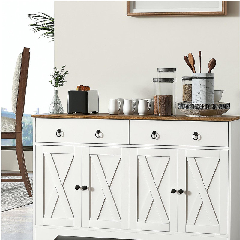 HOMCOM sideboard with 2 drawers, 2 storage cabinets, 4 barn doors, and adjustable shelves, farmhouse style sideboard with storage, wood grain top, white