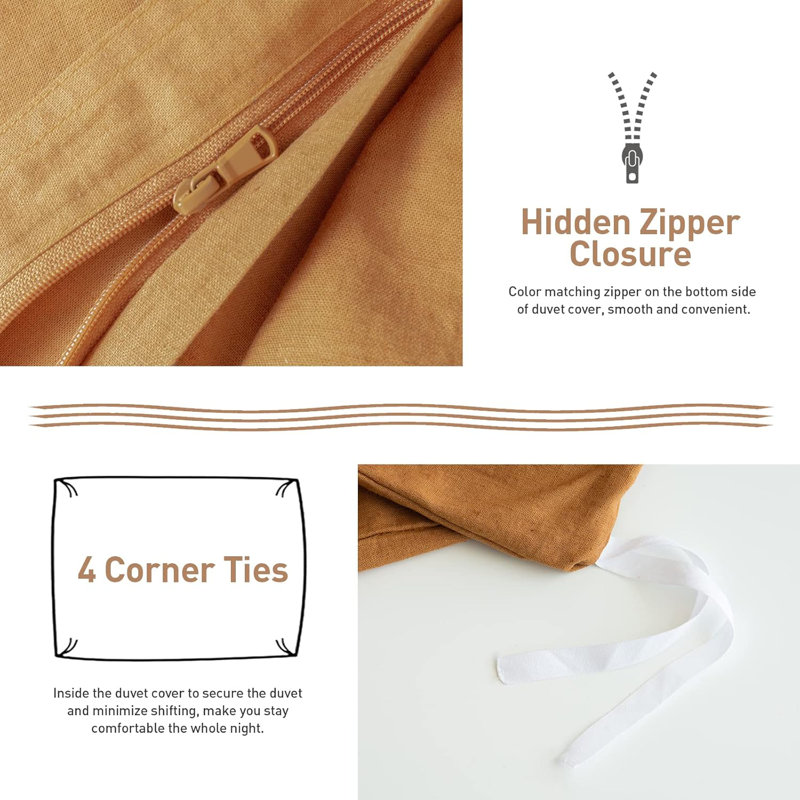 Ensemble de housse de couette en lin français 3 pièces avec fermeture à glissière cachée mélange de coton naturel, Rouille