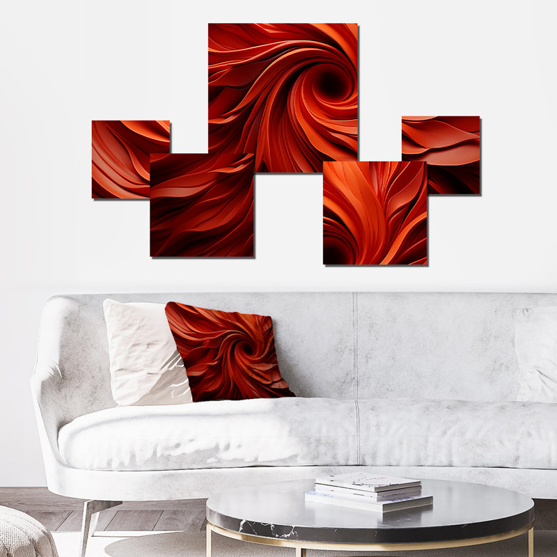 «Red Abstract Spiral Dreamscape I», ensemble d'art mural carré à spirales abstraites de 5