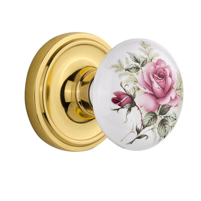 Classic Rosette with White Rose Porcelain Door Knob, Polished Brass, 2-3/4"