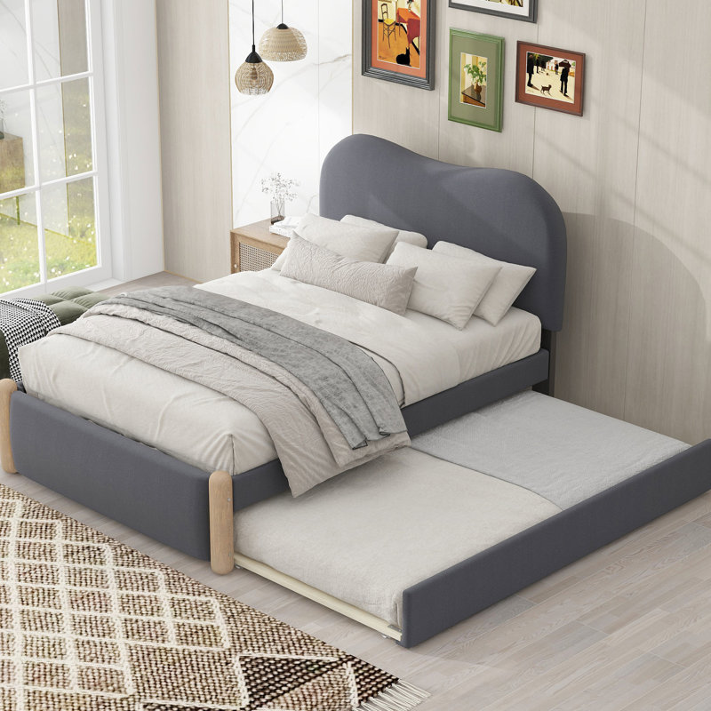 Lit plateforme simple tapissier gris avec lattes en bois et lit gigogne gigogne, -, sans sommier, design, Lit simple, Gris