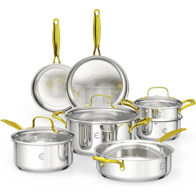 26-Piece Tri-Ply Clad Stainless Steel Cookware Set with Ergonomic Gold Handles, Induction Compatible Pots, Oven Safe Dishwasher Safe Non-Toxic Kitchen Cooking Set for All Stovetops