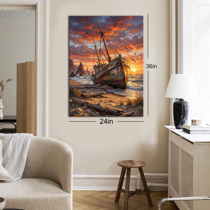 Tableau sur toile représentant un bateau de pêche abandonné, un coucher de soleil sur la plage et un paysage marin