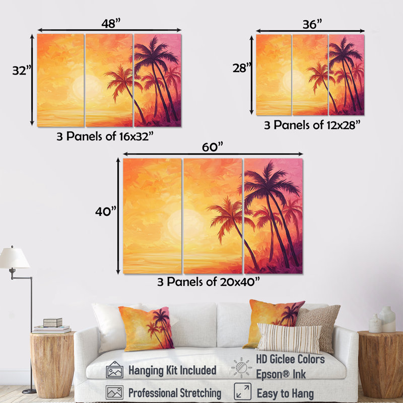 Sunset Oasis Palm Trees II - Ensemble de décoration murale Palmiers, H 40 po x l 60 po, Impression sans cadre en métal