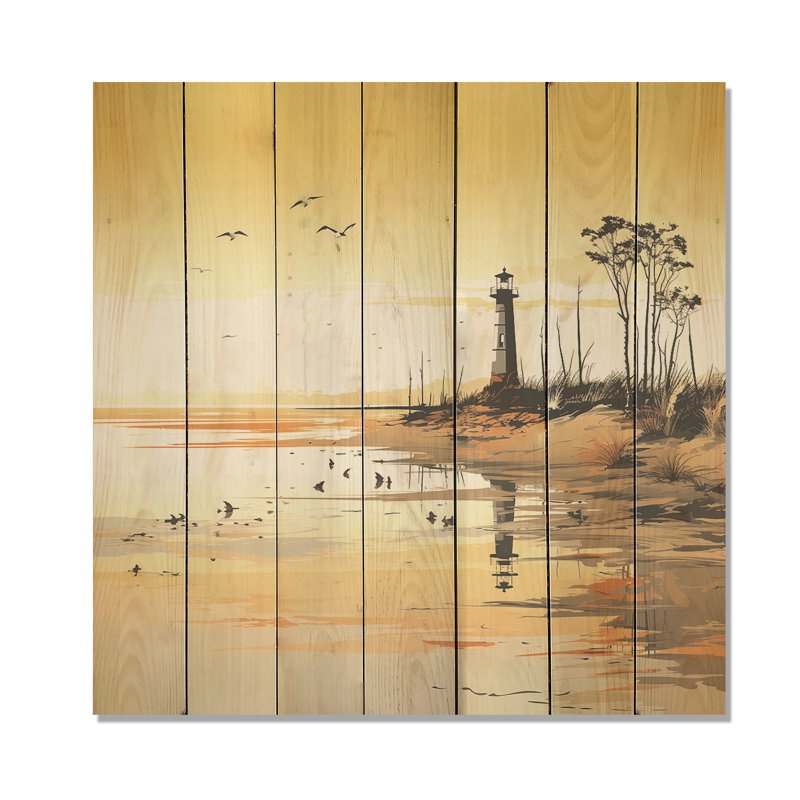 Lighthouse Sunset Beacon I - Coastal Sunset On Wood Print, 15" H x 15" W