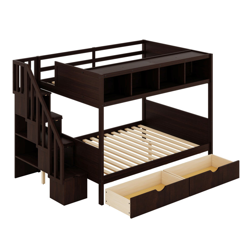 Lit superposé avec tablettes, escalier de rangement et 2 tiroirs, Espresso