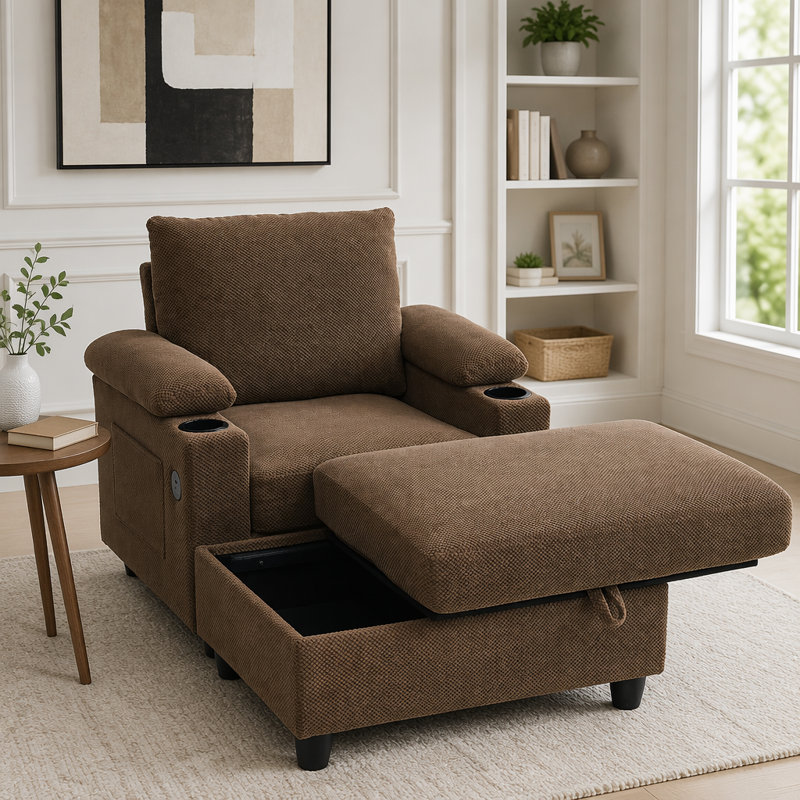 Ensemble de fauteuil d'appoint et repose-pieds avec rangement, méridienne convertible simple avec dossier inclinable, porte-gobelets, ports USB-C
