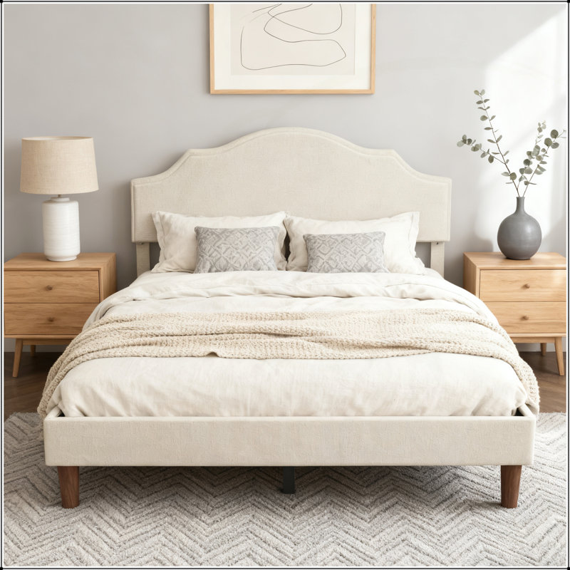 Grand lit plateforme tapissier avec tête de lit ajustable, tissu en lin, style simple et moderne, robuste et confortable