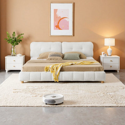 Lit plateforme grand en tissu bouclé de style crème - Structure rembourrée en forme de nuage doux avec pieds en bois massif, aucun sommier nécessaire